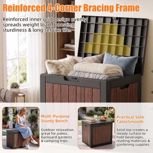 Vixzen 35 Gallon Deck Boxes Outdoor Waterproof, Lockable Resin Storage Box with lid for Furniture Cushions, Weatherproof Containers Outside Storage Boxes for Garden Patio Tools(Black Cognac Walnut) - Image 5