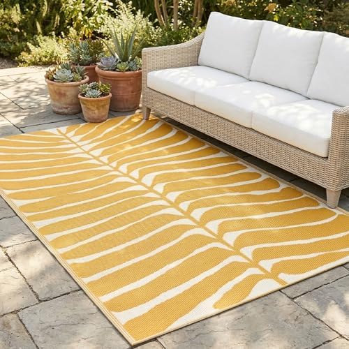 Fab Habitat Tropical Botanical Floral Outdoor Rug - Waterproof, Crease-Free Fade Resistant, Reversible - Recycled Plastic - Patio Porch Balcony Deck Yard Garden - Hilo Honey - 5x8 ft by FabHabitat