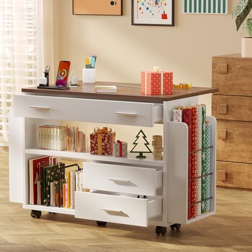Gift Wrap Storage Cart with Foldable Drop Leaf, Crafting Table with Storage - Image 3