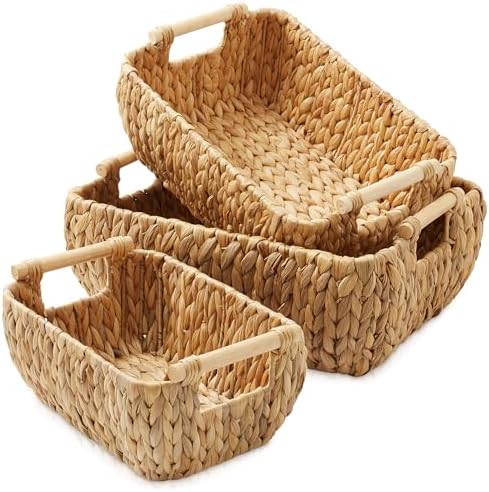 Casafield Set of 3 Water Hyacinth Oval Storage Baskets with Wooden Handles - Small, Medium, Large - Woven Nesting Basket Organizers by Casafield
