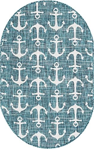 Unique Loom Outdoor Coastal Collection Area Rug - Ahoy (3' 3" x 5' 3" Oval, Teal/ Ivory) - Image 3