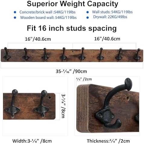 WEBI Rustic Coat Rack Wall Mount,35.43" Long 8 Cast Iron Coat Hooks Wall Mounted,Heavy Duty Farmhouse Wood Coat Hanger Wall Antique Vintage Hooks for Hanging Jacket,Clothes,Backpack,Rustic Brown - Image 3