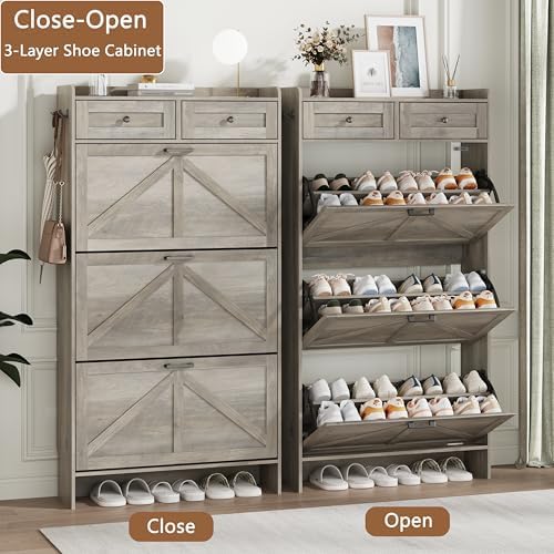 Shoe Cabinet with 3 Flip Drawers & 2 Top Drawers, 57" Tall Freestanding Narrow Wooden Shoe Storage Organizer for Entryway, Hidden Slim Shoe Rack for Front Door Entrance, Hallway, Living Room, Grey - Image 4