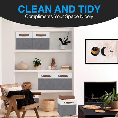 13x13 Storage Cubes - 6 Pack - Linen Fabric 13 Inch Cube Storage Bins for Bedroom, Living Room, Clothes and Toys; Foldable, Dual Leather Handles - Image 6