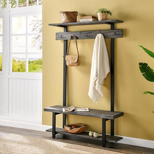 Pomona Solid Wood Entryway Hall Tree with Shoe Bench, Slate Grey, 48 Inch - Image 2