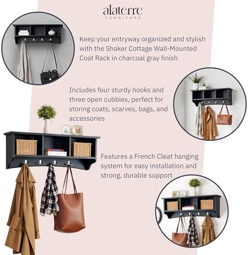 Shaker Cottage Wall-Mounted Coat Rack with 3 Storage Cubbies and 4 Coat Hooks – 36" W x 9" D x 14" H Space-Saving Entryway Organizer or Mudroom Wall Shelf by Alaterre Furniture (Charcoal Gray) - Image 4
