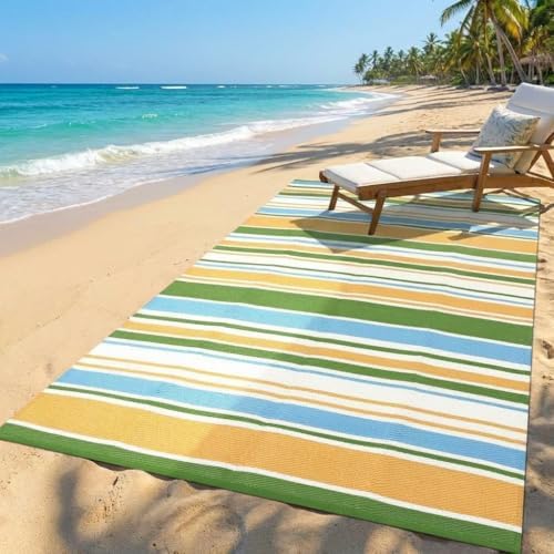 GAOMON Geometric Striped 8x10 Outdoor Rug Waterproof Colorful Reversible Plastic Straw Carpet UV-Resistant Portable Modern Camping Outdoor Rugs for RV Deck Trailer Beach, Yellow Blue Green White - Image 2
