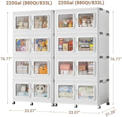 BROVIEW 440Gal Storage Bins, 1760Qt Extra Large Stackable Storage Box with Lids & Wheels - Heavy Duty Collapsible Plastic Cabinets, Open Front Door for Sundries in Home & Office, White 8 Pack - Image 2