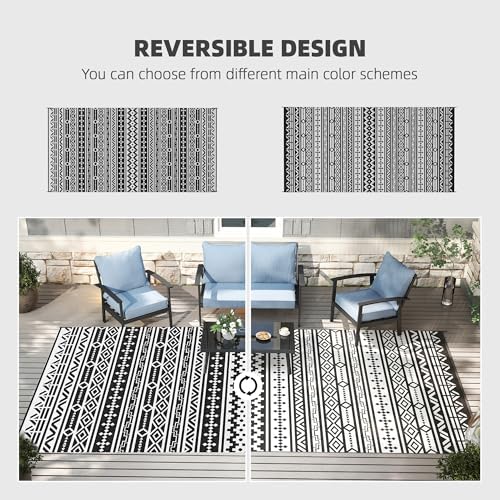 Outsunny Outdoor Rug for Patio Waterproof 9' x 18' Black & White Geometric - Image 4