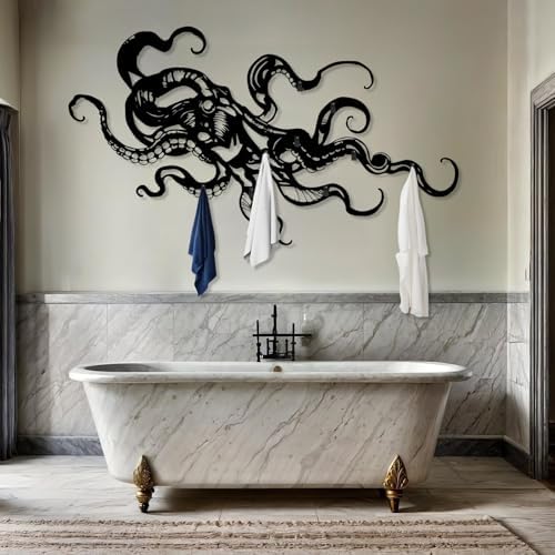 Octopus Coat Rack Wall Mount, Octopus Metal Wall Coat Rack, Ocean Monster Key Holder Wall Mounted, Kraken Hooks for Wall, Towel Hanger Rack Decor for Bathroom (Black, 27"x48"|68x121cm) - Image 2