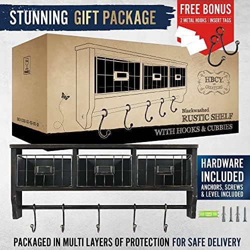 HBCY Creations Wall Mounted Shelf with Coat Hooks and Baskets, Solid Wood Entryway Organizer Wall Shelf with Hooks - Hang Coats, Keys or Coffee Mugs, Rustic Blackwash 24" Wide - Image 5
