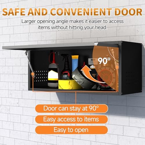 Metal Garage Wall Cabinet with Up-Flip Door,Wall-Mounted Steel Storage Cabinet, Float Tool Cabinet with Pegboard,Upper Cabinet for Kitchen,Garage,Workshop,Warehouse(13.8" H,Black&Gray) - Image 4