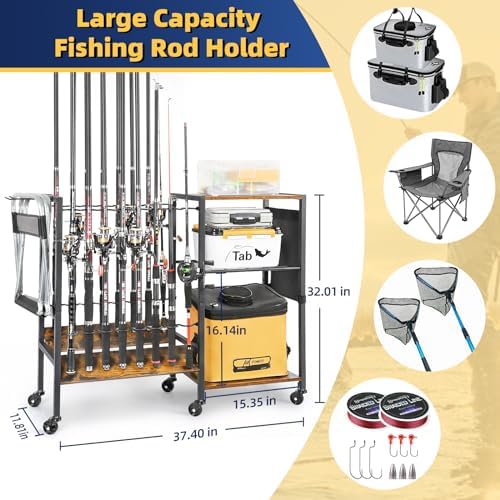 Olakee Fishing Rod Holders, Rolling Fishing Rod Rack for Garage & Boat, Tackle Box & Reel Holder Cart, Easy Assembly Fishing Gear Management System, Ideal Birthday Gift for Men Dad Anglers - Image 3