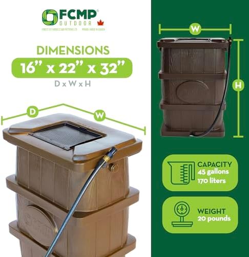 FCMP Outdoor Slim Line Design Rain Barrel, 45 Gallon, Brown - Image 2