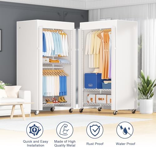 ULIFHOME P8C Heavy Duty Clothes Rack（With Extended Width Design） Rolling Clothing Racks for Hanging Clothes with Lockable Wheels，31.5" W x 15.8" D x 80.5" H，Max Load 600LBS，White Rack with White Cover - Image 4