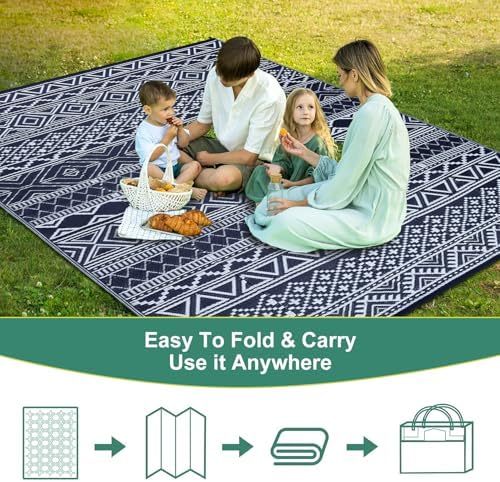 GAOMON Outdoor Rug Waterproof 8'x10', Reversible Outdoor Plastic Straw Rug, Boho Patio Rug, Indoor Outdoor Carpet, RV Mat Outside for Patio, Camp, Picnic, Balcony, Deck, Dark Blue/White(Bohemia) - Image 5