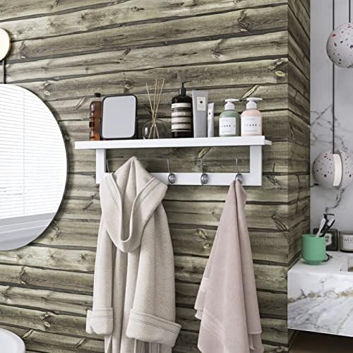 SMIBUY Coat Hooks with Shelf Wall-Mounted, 29.2 Inch Entryway Coat Rack for Wall, Bamboo Hanging Shelf with 5 Double Metal Hooks for Bathroom, Bedroom, Kitchen, Living Room, Mudroom (White) - Image 3