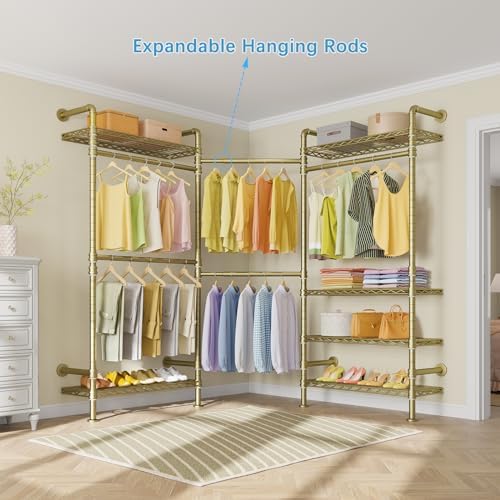 Timate F3 Garment Rack Heavy Duty Clothes Rack for Hanging Clothes, Expandable Industrial Pipe Wall Mounted Clothing Rack, Adjustable Storage Wardrobe Closets Kit Walk in Closet Systems, Gold - Image 3