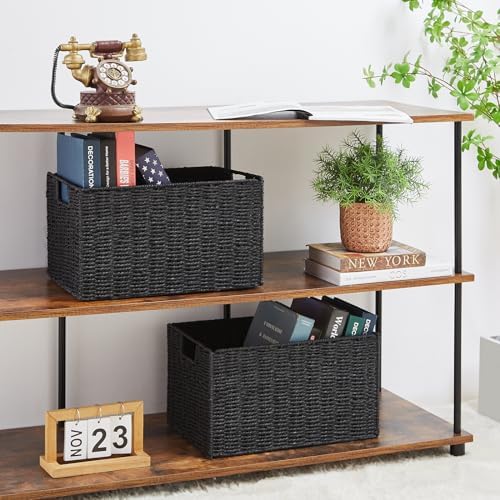 Vagusicc Wicker Storage Basket, Set of 2 Hand-Woven Paper Rope Wicker Basket, Small Storage Baskets for Organizing Toilet Paper Baskets, Foldable Large Cube Storage Organizer Bin for Shelves (Black) - Image 4