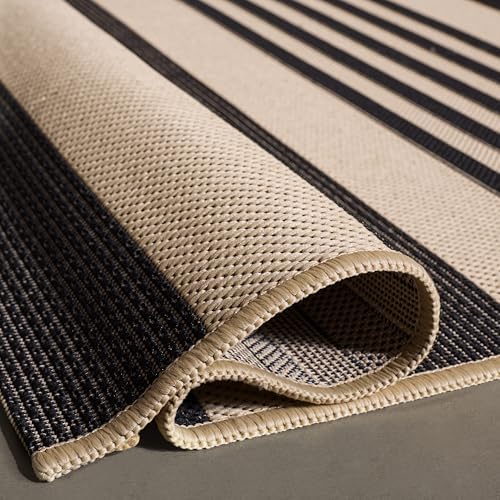 SAFAVIEH Courtyard Collection CY6062 Stripe Indoor/ Outdoor Non-Shedding Easy--Cleaning Patio Backyard Porch Deck Mudroom Area--Rug, 5'3" x 5'3" Square, Black / Bone - Image 3
