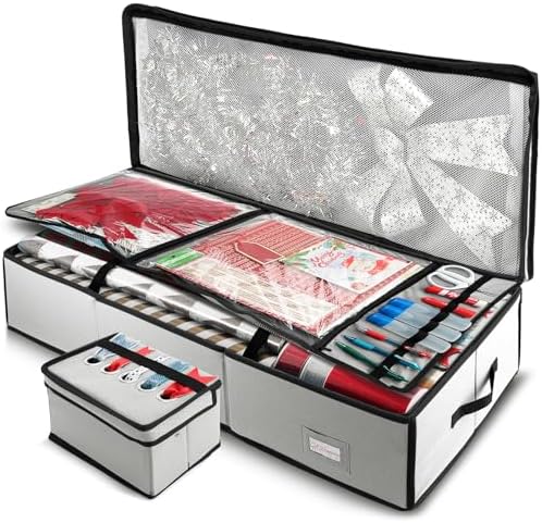 Hearth & Harbor Wrapping Paper Storage Container - Christmas Storage Bag with Ribbon Dispenser and Interior Pockets - Gift Wrap Organizer Fits Up to 26 Rolls of 40" Length, Silver by HearthHarbor