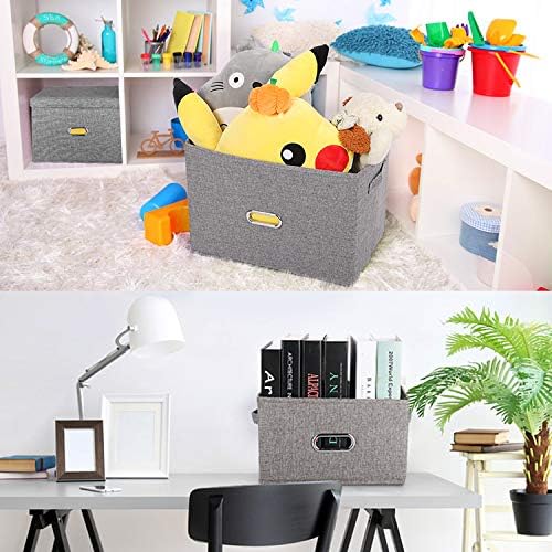 Large Linen Fabric Foldable Storage Bins with Removable Lid and Handles, Washable Storage Box Organizer Containers Baskets Cube with Cover for Bedroom,Closet,Nursery (Grey, Large(2-Pack)) - Image 5