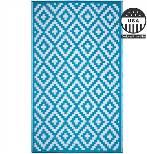 FH Home Outdoor Rug - Waterproof, Fade Resistant, Reversible - Premium Recycled Plastic - Geometric - Patio, Porch, Deck, Balcony - Aztec - Teal & White Crease Free - 5 x 8 ft - Image 4