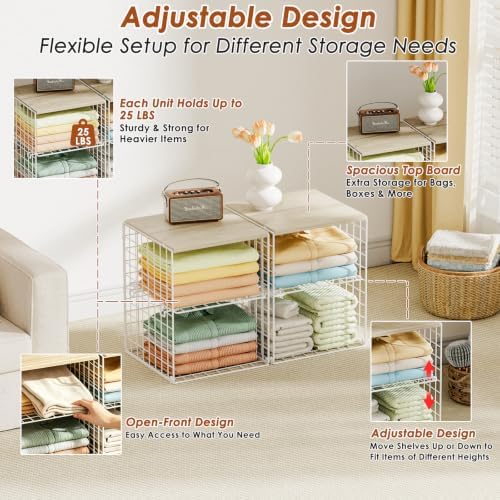 Hencawima 4 Pack Stackable Closet Organizers and Storage, Clothing Storage Shelves with Adjustable Dividers & Wood Top, Space-Saving Closet Organizer System, White - Image 4