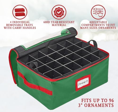 HOLDN’ STORAGE Christmas Ornament Storage Box with Dividers - Fits 96-3” Ornaments, 4 Removable Trays, Durable & Space-Saving, Clear Top Lid, Convenient Storage Designed, Green - Image 5