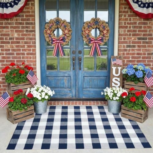 MUBIN Cotton Buffalo Plaid Rug, 4' x 6' Navy Blue White Outdoor Rug Decorative Mat, Washable Large Doormat Hand-Woven Foldable Area Rug for Outdoor Patio Indoor Living Room Dining Room Kitchen - Image 3