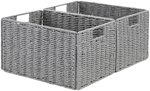 Vagusicc Wicker Storage Basket, Set of 2 Hand-Woven Paper Rope Wicker Basket, Small Storage Baskets for Organizing Toilet Paper Basket, Foldable Large Cube Storage Organizer Bins for Shelves (Grey) by Vagusicc