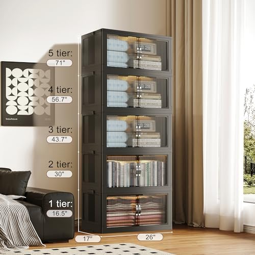 SAILUN 580Qt Stackable Storage Bins,Storage Cabinet with a Lid,5 Pack Black - Image 2