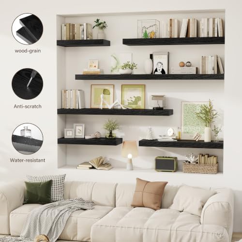 Acovy 30 Inch Floating Shelves, 12" Deep Floating Shelf Wall Mounted, 30" Wall Shelves, Rustic Deep Bookshelf, Extra Deeper & Thicker Display Shelves for Bedroom, Living Room, Black, Set of 2 - Image 7