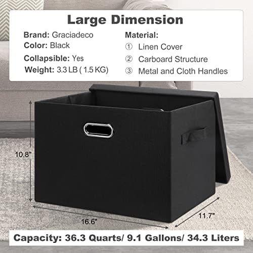 Graciadeco Large 17" 36 Quart Collapsible Stackable Storage Bins with Lids, 5 Packs Black Linen Fabric Closet Boxes with Lids, Storage Cube Baskets Container Organizers for Bedroom Office(17 x12 x11) - Image 2