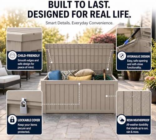LAUSAINT HOME 260 Gallon Resin Deck Box, Outdoor Toy Storage Box, Package Delivery Box with Lockable Lid, Waterproof Outdoor Storage Box For Garden Tools, Patio Cushions(260 Gallon,Grey) - Image 3