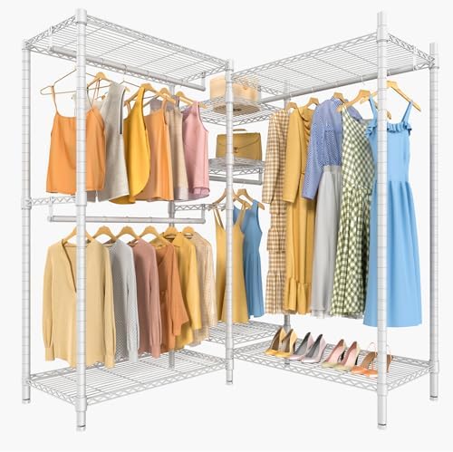 VIPEK L6 Heavy Duty Clothes Rack L Shape Clothing Rack 5-Tier Wire Garment Rack Freestanding Closet with 7 Adjustable Shelves & 4 Hanging Rods, 42.1" L x 42.1" W x 76.4" H, Max Load 850LBS, White by VIPEK