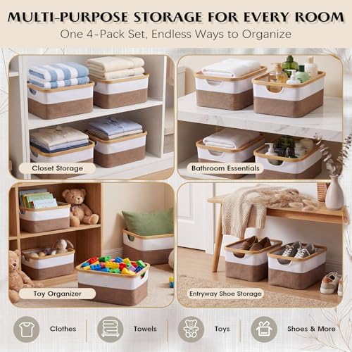 Hushee 4 Pack Bamboo Fabric Storage Bins for Shelves, 15"x10"x7.9" Collapsible Storage Baskets for Organizing, Two-Tone Foldable Bins for Clothes, Towels, Linens(White with Brown) - Image 4