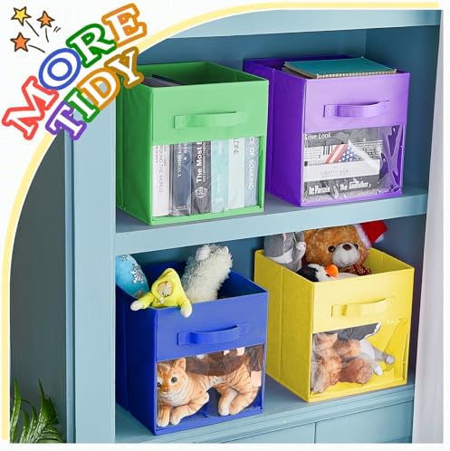 Marsui 12 Pcs Clear Cube Storage Bins Rainbow Colored Collapsible Kids Storage Bins Fabric Classroom Organizer with Window for Kid Playroom Room Daycare Nursery - Image 5