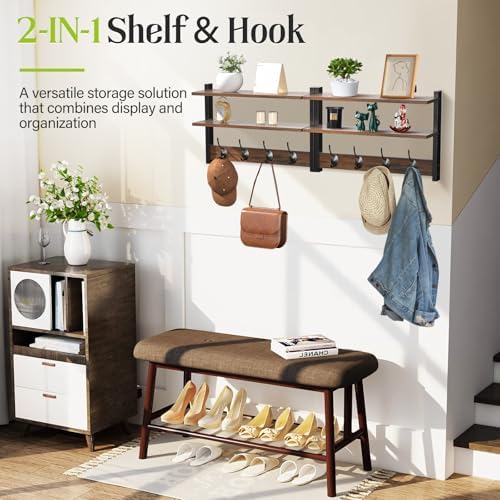 2 Tier Coat Rack Wall Mount with Shelf, 33" Wall Shelf with Hooks, Entryway Key Holder for Wall with 8 Heavy Duty Double Hooks, Coat Hook Wall Mounted for Bedroom, Living Room, Rustic Brown - Image 5