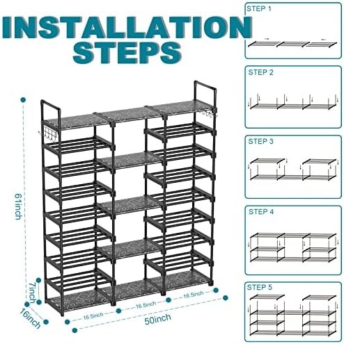 9-Tier Shoe Rack Storage Organizer, Shoe Shelf for Holds 50-55 Pairs Large Shose Stand with Adjustable Side Hooks for Entryway and Hallway - Image 5