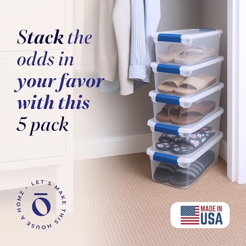 HOMZ Clear Plastic Storage Bins w/Latching Lid, 7.5 Qt, Blue, 5 Pack - Image 2