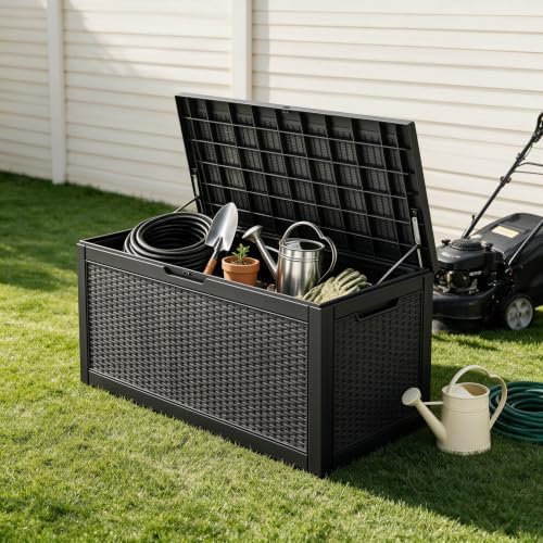 130 Gallon Deck Box,Lockable Outdoor Storage Box Gas Lift,Waterproof,Black - Image 2