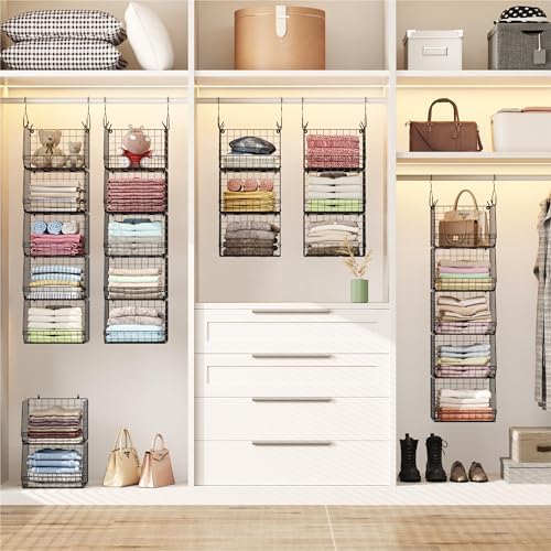 X-cosrack 5 Tier Closet Hanging Organizer, Clothes Hanging Shelves with 4 Hanging Hooks 5 S Hooks, Wire Storage Basket Bins, for Clothing Sweaters Shoes Handbags Clutches Accessories Patent Design - Image 2