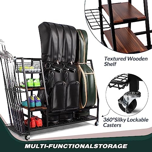 Sttoraboks Golf Bags Storage Garage Organizer, Golf Bag Rack Fits 2/3 Golf Bags and Golf Equipment Accessories, Golf Club Storage Stand with Wooden Shelf and Lockable Wheels for Garage Indoor Basement - Image 2