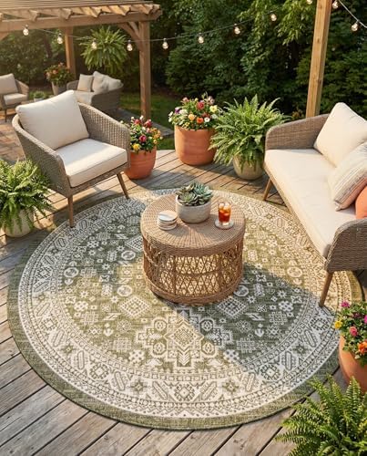 Rugs.com - Outdoor Aztec Rug – 8 Ft Round Green Indoor/Outdoor Rug – Perfect for Patios, Decks, and Porches by Rugscom