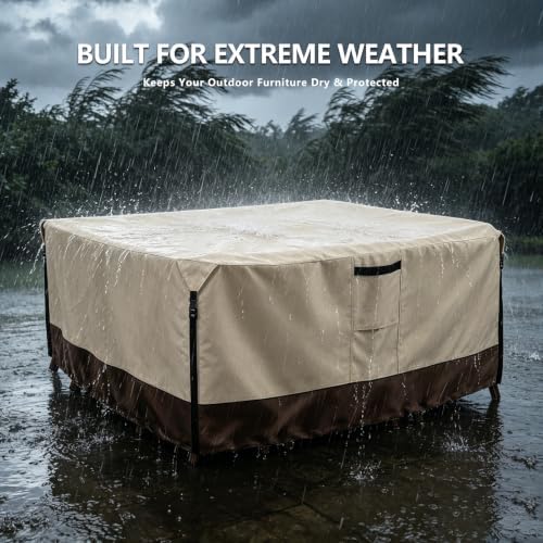 Outdoor Furniture Covers, 600D Heavy Duty Waterproof Outdoor Dining Table and Chairs Cover — 111L x 74W x 28H inch, All-Weather Protection Patio Furniture Cover, Beige - Image 2