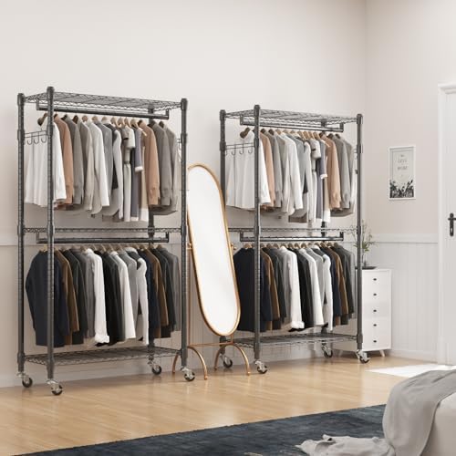 BATHWA Rolling Tall Garment Rack with 2 Rods & 3-Tier Adjustable Shelves, 35.5" W x 16.5" D x 80.7" H, Heavy Duty Clothes Hanging Racks Portable Wardrobe Closet Organizer for Bedroom, Laundry, Black - Image 7