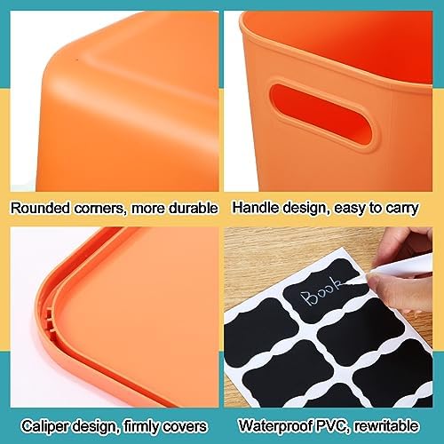 Tanlade 8 Pcs Plastic Storage Bins Stackable Baskets with Lid and Handle Colorful Desktop Storage Box Cubby Containers for Shelf Bedroom Office, Include 1 Erasable Marker, 16 Stickers (14 x 10 x 9 In) - Image 3