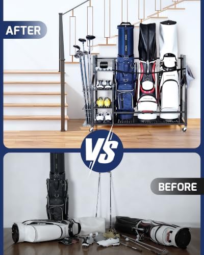 Golf Bag Storage Organizer Rack for Garage, Golf Bag Stand with Rolling Wheels, Heavy-Duty Metal Golf Equipment Organizer for Home, Garage, Clubhouse - Image 6
