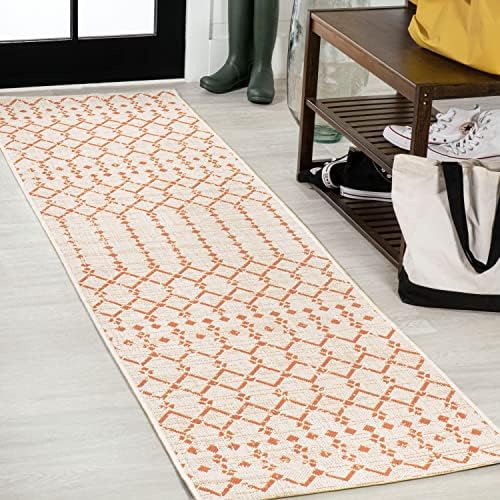 Eyely Moroccan Woven Runner Rug 2X10 Cream/Orange, Indoor Outdoor Rug by eyely